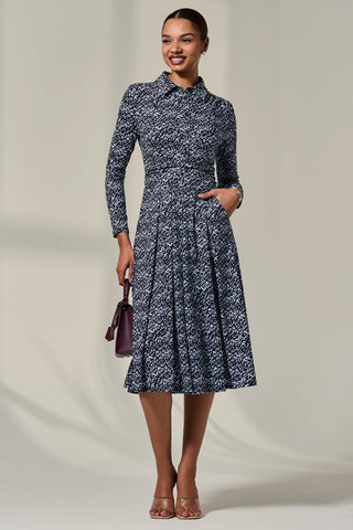 Long Sleeve Button Up Midi Dress, Navy Pattern