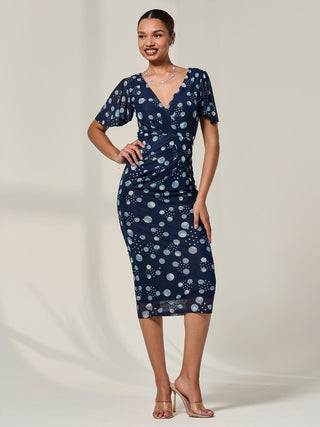 Mesh Short Sleeve Midi Dress, Navy Spot