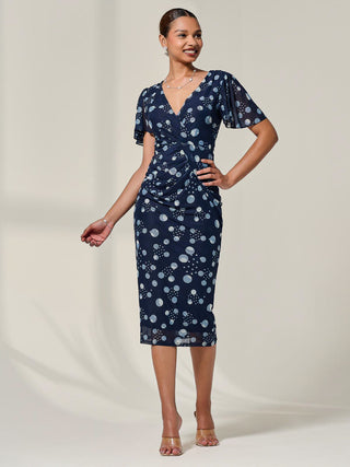 Mesh Short Sleeve Midi Dress, Navy Spot