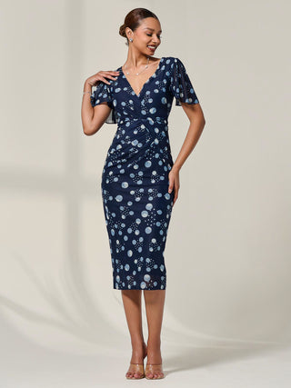 Mesh Short Sleeve Midi Dress, Navy Spot
