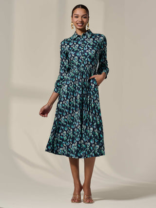 Pleated Button Up Midi Dress, Navy Floral