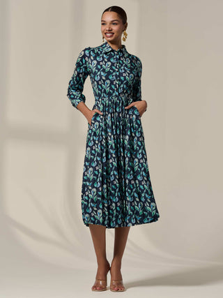 Pleated Button Up Midi Dress, Navy Floral