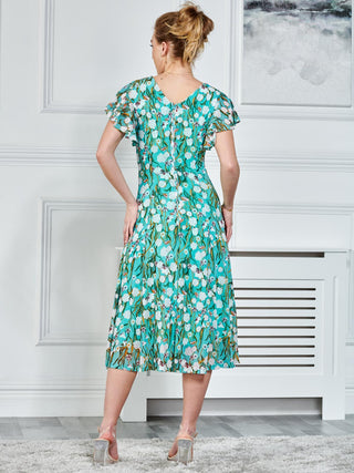 Colette Fit & Flare Mesh Dress, Blue Floral, Short Angel Sleeves, Front Button Detail, Midi Dress, V-neckline, Back Image