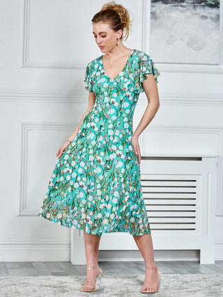 Colette Fit & Flare Mesh Dress, Green Floral, Short Angel Sleeves, Front Button Detail, Midi Dress, V-neckline, Front Image