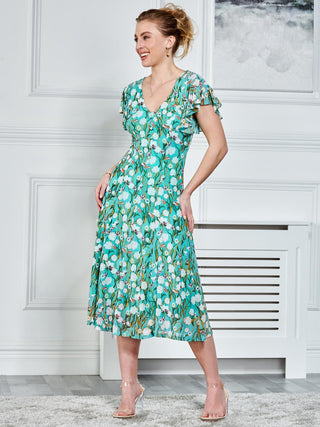 Colette Fit & Flare Mesh Dress, Green Floral
