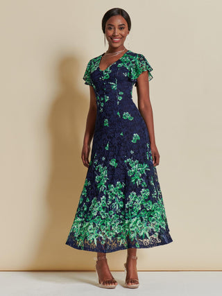 Lace Floral Print Fit & Flare Maxi Dress, Green Floral