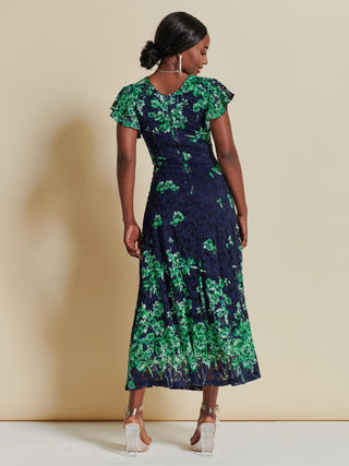 Lace Floral Print Fit & Flare Maxi Dress, Green Floral