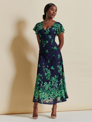 Lace Floral Print Fit & Flare Maxi Dress, Green Floral Jolie Moi Retail Lace Floral Print Fit & Flare Maxi Dress, Green Floral Jolie Moi Retail