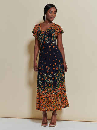 Lace Floral Print Fit & Flare Maxi Dress, Orange Multi