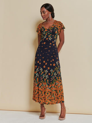 Lace Floral Print Fit & Flare Maxi Dress, Orange Multi
