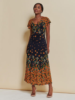 Lace Floral Print Fit & Flare Maxi Dress, Orange Multi Jolie Moi Retail Lace Floral Print Fit & Flare Maxi Dress, Orange Multi Jolie Moi Retail