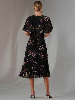 Floral Print Chiffon Pleated Dress, Black Pink Floral Jolie Moi Retail Floral Print Chiffon Pleated Dress, Black Pink Floral Jolie Moi Retail
