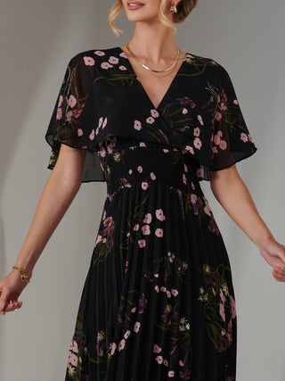 Floral Print Chiffon Pleated Dress, Black Pink Floral