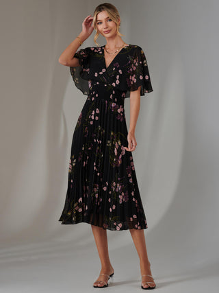 Floral Print Chiffon Pleated Dress, Black Pink Floral