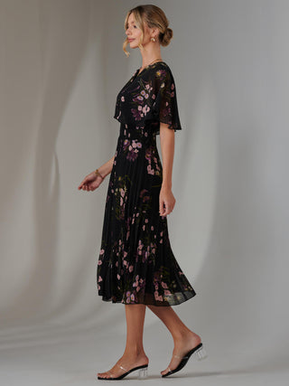 Floral Print Chiffon Pleated Dress, Black Pink Floral