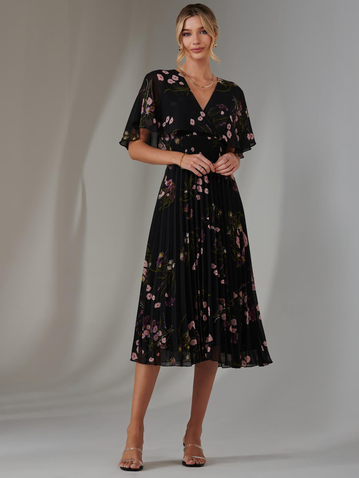 Floral Print Chiffon Pleated Dress, Black Pink Floral – Jolie Moi