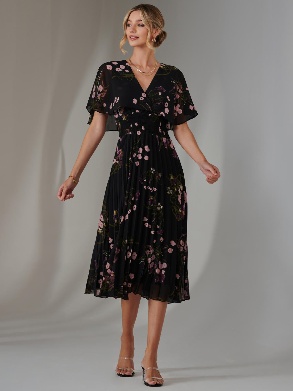 Floral Print Chiffon Pleated Dress, Black Pink Floral – Jolie Moi