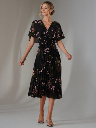 Floral Print Chiffon Pleated Dress, Black Pink Floral