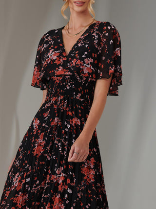 Floral Print Chiffon Pleated Dress, Black Red Floral