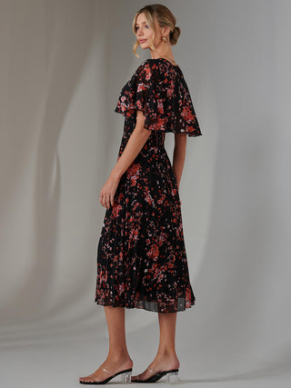 Floral Print Chiffon Pleated Dress, Black Red Floral