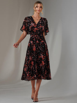 Floral Print Chiffon Pleated Dress, Black Red Floral