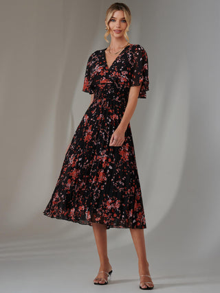 Floral Print Chiffon Pleated Dress, Black Red Floral