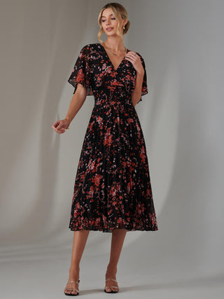 Floral Print Chiffon Pleated Dress, Black Red Floral