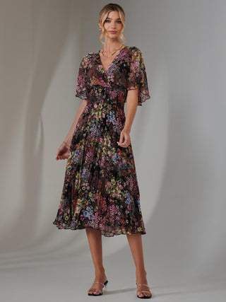 Floral Print Chiffon Pleated Dress, Floral Multi