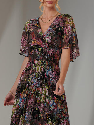 Floral Print Chiffon Pleated Dress, Floral Multi