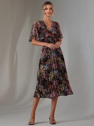 Floral Print Chiffon Pleated Dress, Floral Multi