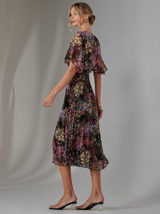 Floral Print Chiffon Pleated Dress, Floral Multi