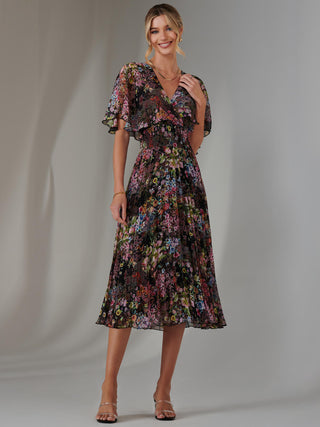 Floral Print Chiffon Pleated Dress, Floral Multi