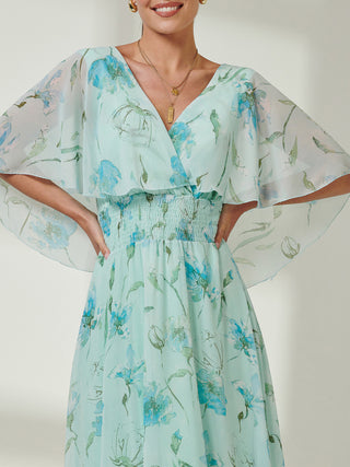 Frill V-neck Chiffon Maxi Dress, Green Floral