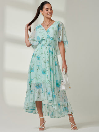 Frill V-neck Chiffon Maxi Dress, Green Floral