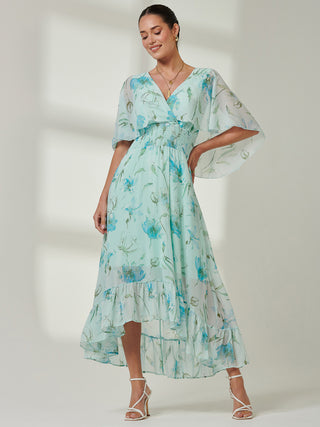 Frill V-neck Chiffon Maxi Dress, Green Floral