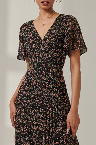 Floral Chiffon V Neck Midaxi Dress, Black Ditsy