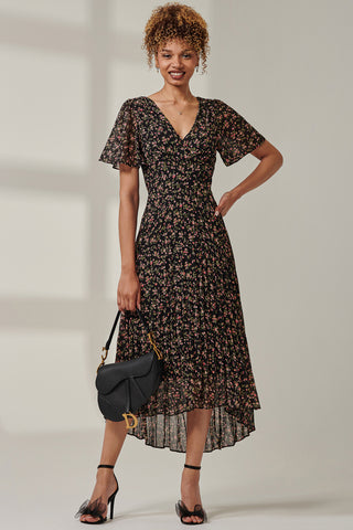Floral Chiffon V Neck Midaxi Dress, Black Ditsy
