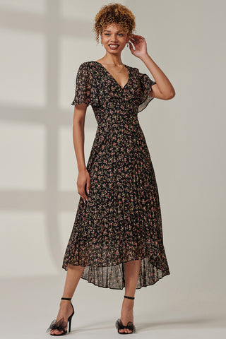 Floral Chiffon V Neck Midaxi Dress, Black Ditsy