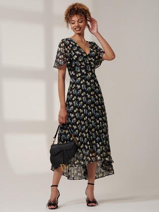 Meagan V-Neck Chiffon Maxi Dress, Black Floral