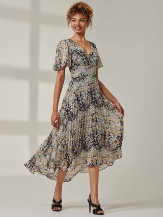 Floral Chiffon V Neck Midaxi Dress Black Multi