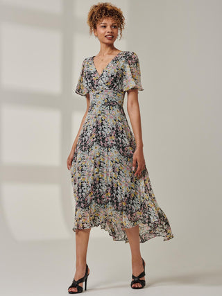 Floral Chiffon V Neck Midaxi Dress Black Multi