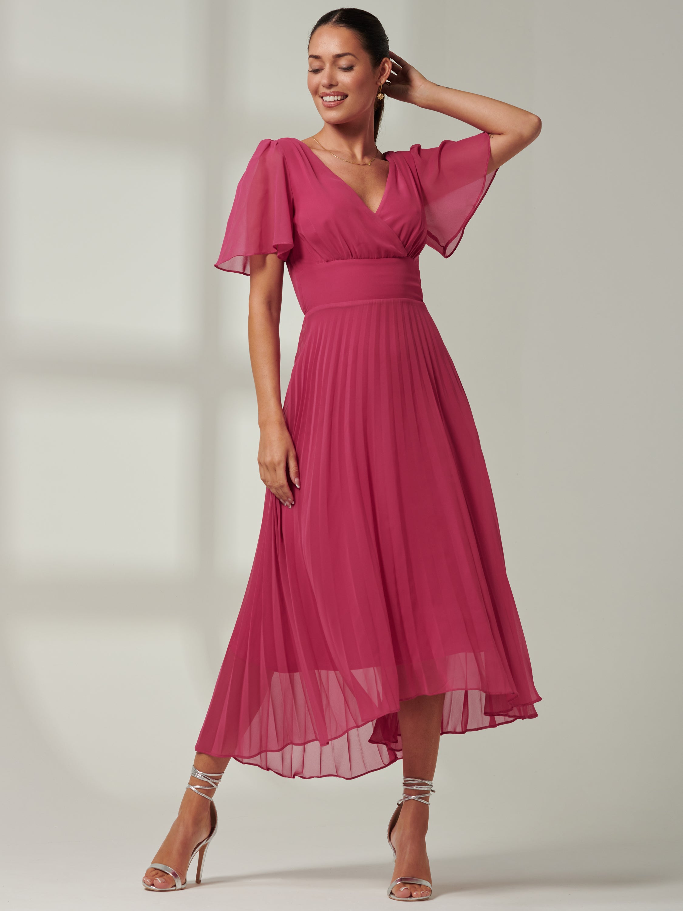 Elene Pleated High Low Chiffon Maxi Dress Fuchsia Pink