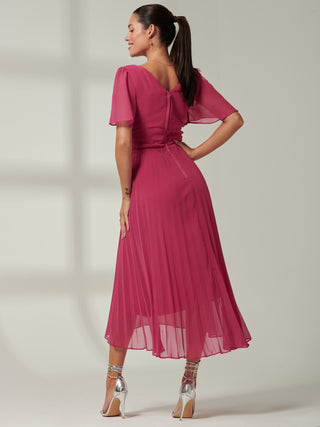 Elene Pleated High Low Chiffon Maxi Dress, Fuchsia Pink
