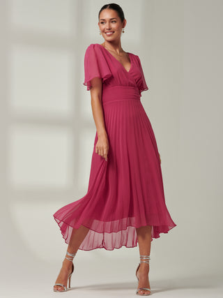 Elene Pleated High Low Chiffon Maxi Dress, Fuchsia Pink