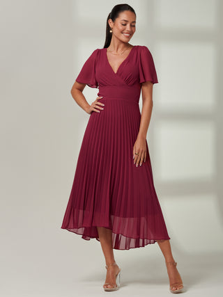 Elene Pleated High Low Chiffon Maxi Dress, Raspberry