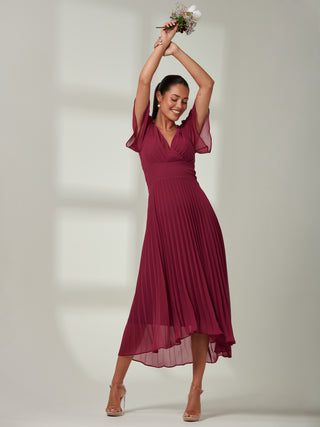 Elene Pleated High Low Chiffon Maxi Dress, Raspberry