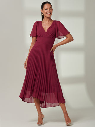 Elene Pleated High Low Chiffon Maxi Dress, Raspberry