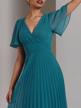 Elene Pleated High Low Chiffon Maxi Dress, Teal