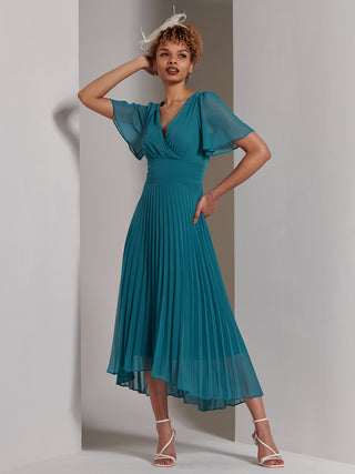 Elene Pleated High Low Chiffon Maxi Dress, Teal