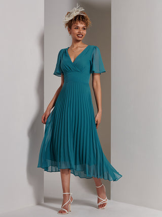 Elene Pleated High Low Chiffon Maxi Dress, Teal